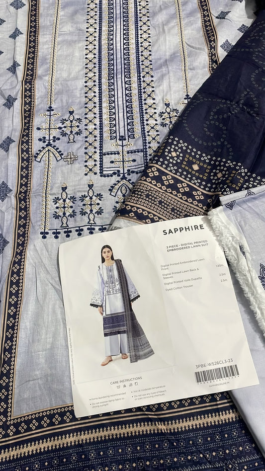 SAPPHIRE 3 piece digital printed embroidered lawn suit - 3PBE-WS26CL3-23