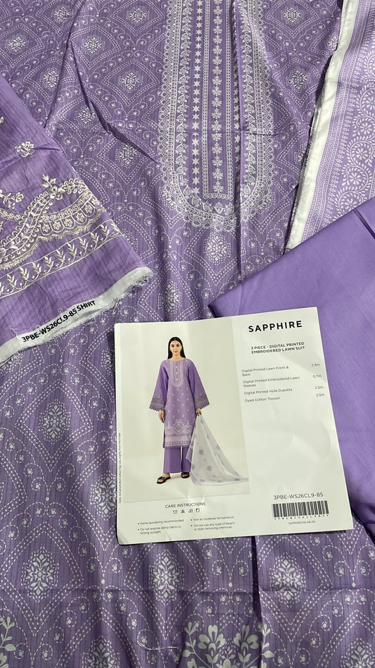 SAPPHIRE 3 piece digital printed embroidered lawn suit - 3PBE-WS26CL9-85