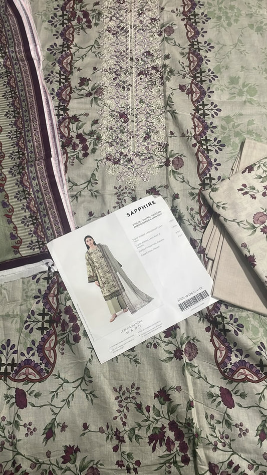 SAPPHIRE 3 piece digital printed embroidered lawn suit - 3PBE-WS26CL4-32