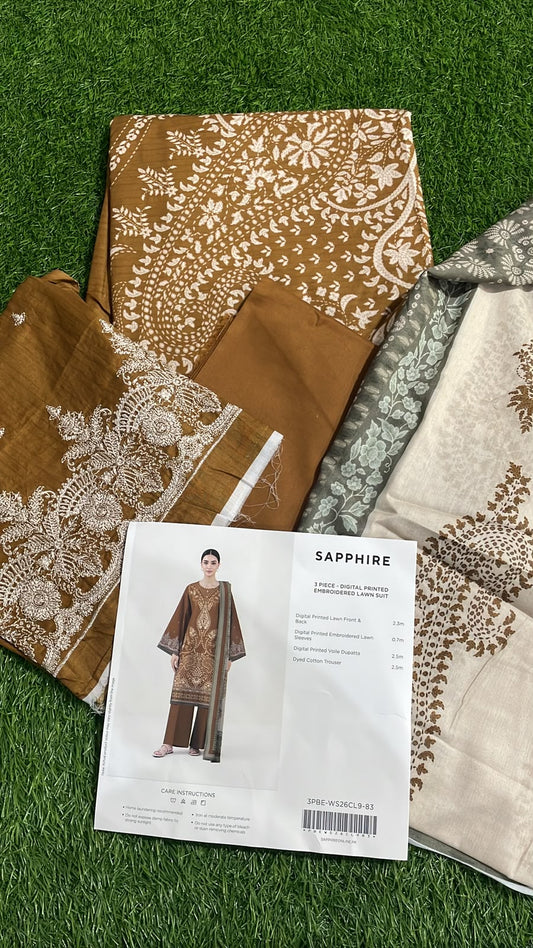 SAPPHIRE 3 piece digital printed embroidered lawn suit - 3PBE-WS26CL9-83